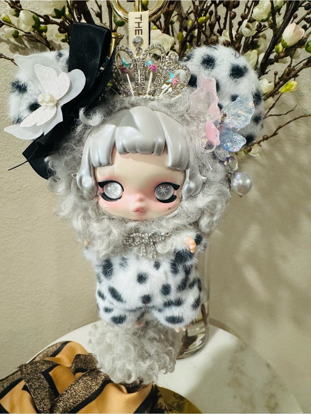 Plush Dalmatian Spot Mini Crossbody Bag Charm - White & Black